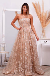 Fabulous Pink Strapless A-Line Sleeveless Lace-Up Long Tulle Evening Dresses With Appliques